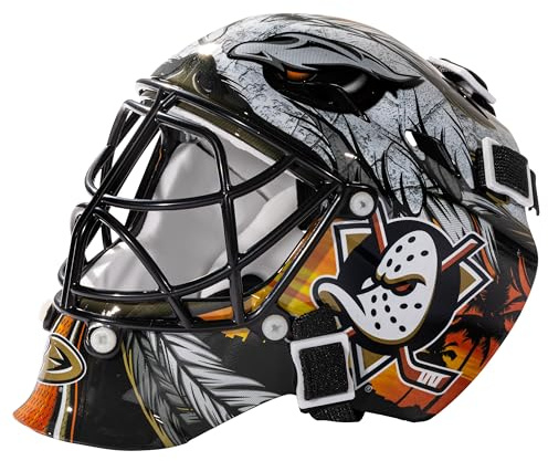 Franklin Sports Anaheim Ducks NHL Mini Hockey Goalie Helmet - Mini NHL Team Goalie Face Masks with Display Case - Perfect Bedroom, Office + Desk Accessory for Hockey Fans - 5 x 4.5 x 4 Inches