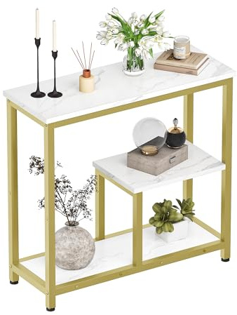 CHOEZON Mesa Consola Moderna de 3 Niveles, Mesa de Pasillo Abierta, Mesa de mármol veteado, Marco de Metal, para Entrada, vestíbulo, Sala de Estar, mármol Blanco y Dorado DTXG03DJ