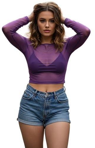STAR FASHION Women’s Sheer Mesh Crop Top Long Sleeve See Through Top Ladies Stretchy Crew Neck Cropped Clubwear Party Festival Top Purple-12-14