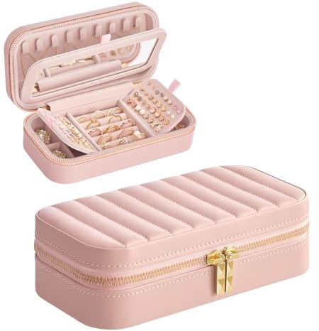 SONGMICS HOME ANAH Colección - Joyero de Viaje, Estuche Pequeño para Joyas con Espejo, 10,5 x 20,5 x 6 cm, Superficie PU con Costuras, Portátil, Cremalleras, Idea de Regalo, Rosa Jalea JBC180S01
