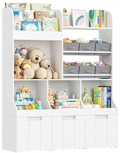 HOCSOK Kinderregal, Bücherregal Kinder mit 4 Ablagefächern und 6 Stoffschubladen, Spielzeugregal Kinderzimmer für Schlafzimmer Kindergarten, Weiß
