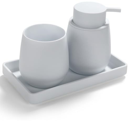 Modern Badezimmer Set Einschließen Seifenspender und Zahnputzbecher Tablett | AJEUNGAIN 3 Teiliges Badezimmer Set Weiß Seifenspender Zahnputzbecher Set Tablett Badezimmer Organizer