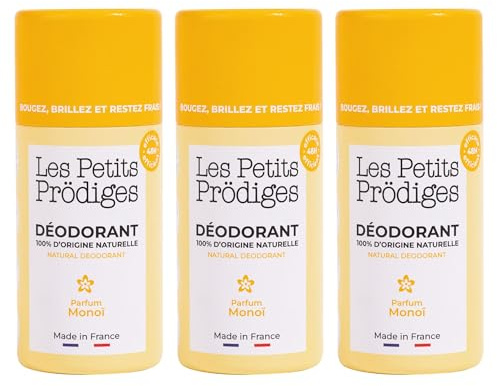 LES PETITS PRODIGES Déodorant Monoï – Efficacité 48H – Peau sensible -100% naturel - Tout Type de Peau - Sans Alcool Conservateur Aluminium Parabène - Fabriqué en France - Vegan - LOT DE 3x40g