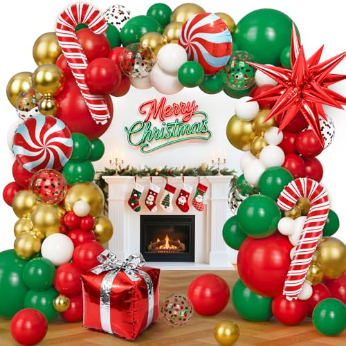 154 Pezzi Kit Arco Palloncini Natalizi Ghirlanda Rosso Verde Palloncini Natale, Palloncino Foil Candy Bastone per Decorazioni di Natale