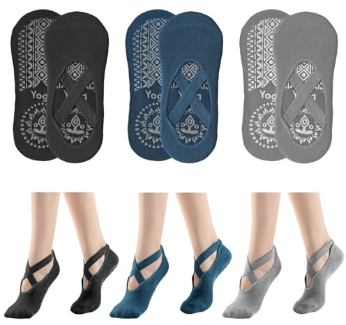 NHDDGR 3 pares de calcetines de yoga y pilates antideslizantes para mujeres y niñas, calcetines transpirables para ballet, talla única