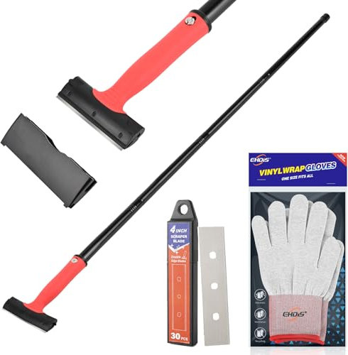 EHDIS Kit Raschietto Vetro - Raschietto con Manico Lungo(15-58inch) et Guanti con 30 Lame, per Finestre, Pavimenti, Pareti, Stufe, Vernice, Etichette, Adesivi, 4INCH