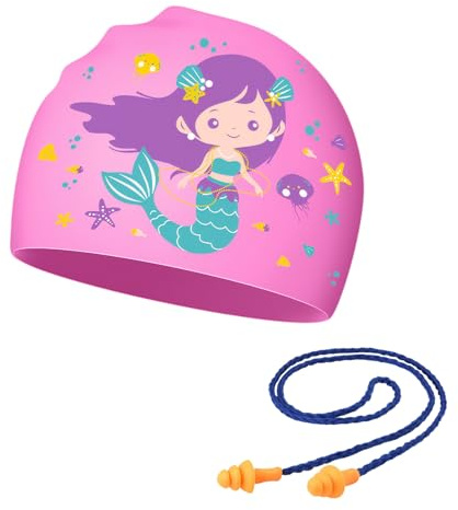 Bonnet de Bain en Silicone pour Filles 3-12 Ans – Étanche avec Protection UV & Bouchons d'Oreilles, Design Sirène Anti-Dérapant pour Piscine et Natation