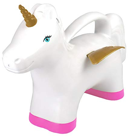 degawo Regadera de unicornio para niños, 1,7 litros, color blanco con patas rosas, alas doradas y cuerno, bonito diseño con ojos azules, jarra de jardín de HDPE/PP - Dimensiones: 33 x 23,5 x 17 cm