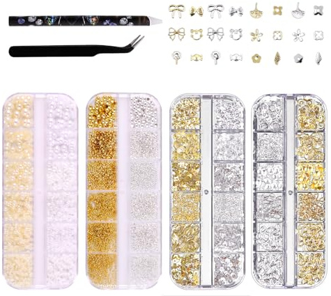 Juego de 4 cajas de adornos para uñas: 48 tipos de adornos 3D para uñas dorados y plateados (mariposas, flores, perlas, etc.) + pinzas y bolígrafo - Para uñas de gel y acrílicas DIY | Ideal para salón