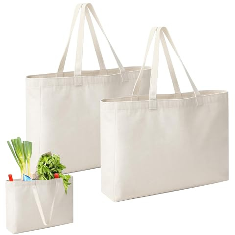 dogmoon Baumwolltasche, 2 Stück Groß Einkaufstasche, Baumwollbeutel Stoffbeutel, Jutebeutel, Stoffbeutel Unbedruckt, Wiederverwendbare Jutebeutel(Beige Weiß, 45x35x8cm)