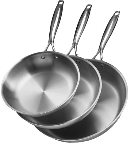 VEVOR Poêle en Acier Inoxydable 3PCs 24/28/32 cm, Sauteuse avec Poignée Résistante à la Chaleur, Ustensiles de Cuisine Restaurant, pour Gaz, Électrique, Induction, Passe au Lave-vaisselle, Argent