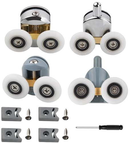 4Pcs Curved Shower Door Rollers,23mm Shower Door Rollers Replacement, Sliding Glass Door Wheels for Curved Shower Enclosures, Bathroom Roller Runners, Fits 4-6mm Glass, Anti-Collision Block