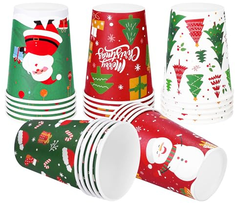 Fovths 25 Stück Weihnachts-Pappbecher 9oz, Glühwein Einweg-Pappbecher, 5 Designs, Weihnachts-Partybecher für Heißgetränke drinnen Punschbecher Partyzubehör Tischdekoration