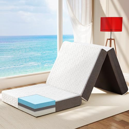 Hanherry 4 Inch Foldable Mattress Twin Size, Tri-Folding Portable Memory Foam Topper Floor Bed with Storage Bag, Washable Cover for Travel, Camping, RV, Guest