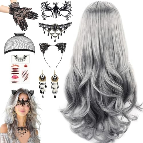 DFADKYWU Halloween Perücke Damen, Lange Gewellt Silber Grau, Hexenperücke Gotisch Halskette Armbänder, Perücke, Perücke Damen Grau, für Halloween, Karneval, Maskerade und Cosplay