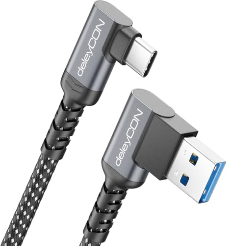 deleyCON 1m USB-A auf USB-C Kabel 2x 90° USB 3.2 Gen1 5Gbps | 2x Winkel, USB 3.0 Ladekabel Datenkabel für Smartphone, Tablet, Notebook, Kamera, HDD, SSD und externe Festplatte