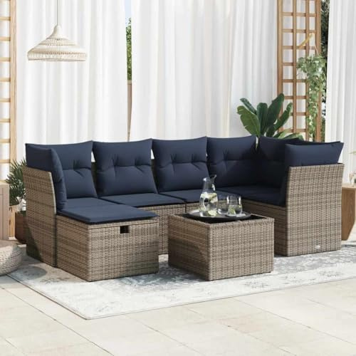 QJBSAVVA 7-TLG. Garten-Lounge-Set Polyrattan Gartenmöbel-Set 55x53x34 cm witterungsbeständig mit Stauraum für Balkon Terrasse Garten grau marineblaue Kissen