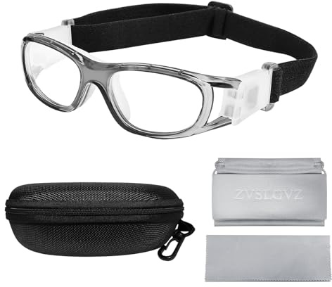 ZVSLGVZ Gafas de seguridad deportivas para niños, gafas protectoras deportivas, gafas de baloncesto y fútbol, lentes graduadas reemplazables (marco gris transparente con almohadillas blancas)