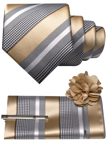 JEMYGINS slips set män näsduk slipsklämma blomma ränder prickar mönster för företag kontor bröllop flerfärgad, Champagnergold, M