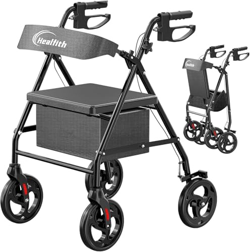 Rollator Faltbar und Leicht mit Sitz, Leichtgewicht-Reiserollator aus Stahl,Rollator Schmal für Wohnung,Gehhilfe für Senioren mit Aufbewahrungsta,5-Fach Höhenverstellbar,150kg Gewichtskapazität