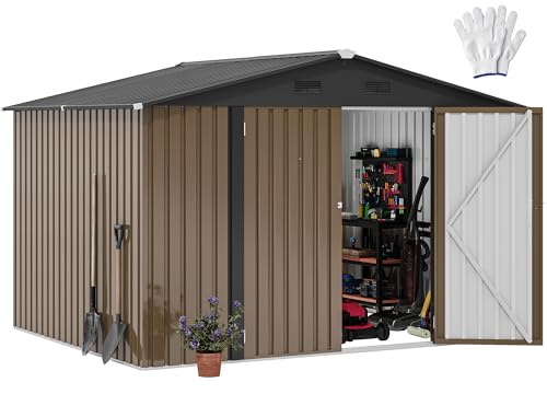 DWVO Großes Metall Gerätehaus 3x2,4 m, Stabiler Werkzeugschuppen für Garten, Terrasse & Hof, Ideal für Fahrräder, Gartengeräte & Rasenmäher, Wetterfest & Abschließbar, Braun