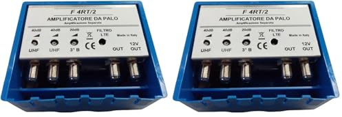 Vsnetwork Amplificatore Antenna TV da Palo con Filtro Lte/5G, Guadagno Massimo 40Db Regolabile, 2 Uscite, 2 Ingressi Uhf +1 Vhf, Bande separate (Confezione da 2)
