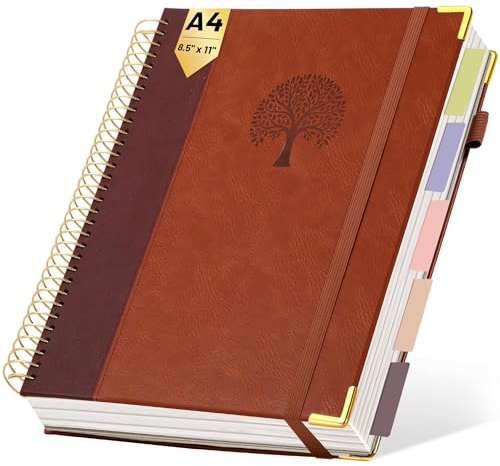 CAGIE Notizbuch mit Register Collegeblock A4 Liniert 300 Seiten | Notizblock Hardcover Spiral Notebook, Große Notizheft Student Block, Notizbuch für Arbeit, 24x 29 cm, Braun
