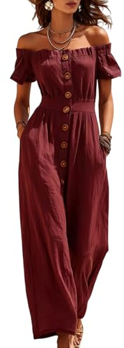 Generisch Jumpsuit Damen Elegant Festlich Leinen Overall Sommer Schulterfrei Jumpsuits Für Damen Schick Rüschen Hosenanzug Hochzeitsgast Curvy Playsuit mit Tasche Knöpfe Einteiler Weites Bein