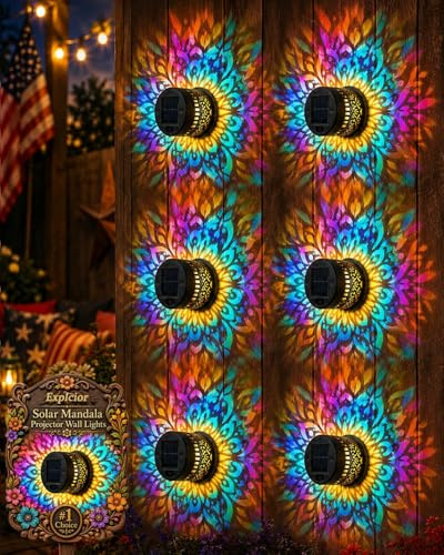 Solar Mandala Wall Light Outdoor Garden Fence Projector Lamp Patio Ambient Decor Waterproof LED Mandala Projection Light Decorative for Garden Post Patio Backyard Yard 7 Colour Changing(6pcs)