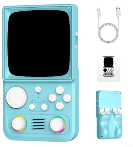 Retro Handheld Game Console R36T Max with 4 Inch Curved Screen, 20000 Built-in Games, WiFi, Dual Controllers, 4000mAh for battery, for Home and Travel Gaming(blue)