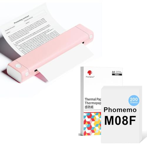 Phomemo M08F A4 Rosa Weiß Tragbarer Drucker mit 200 Blatt A4 Thermopapier, Kabelloser Bluetooth Mobildrucker für Reisen, Auto, Büro & Zuhause