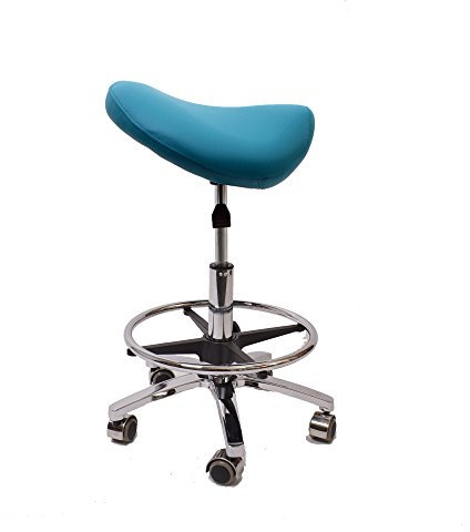 Promafit Sattelhocker/Sattelstuhl mit Gummirollen für alle Böden und Metallfuß - ergonomisch - stufenlos höhenverstellbar - viele Farben - 360° drehbar (Cyan, Mit Fußring)