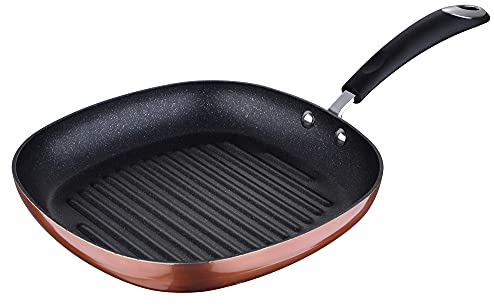 Sartén grill / plancha 28 x 28 x 4,5 cms. aluminio forjado, color cobre metalizado, mango revestido con silicona, inducción