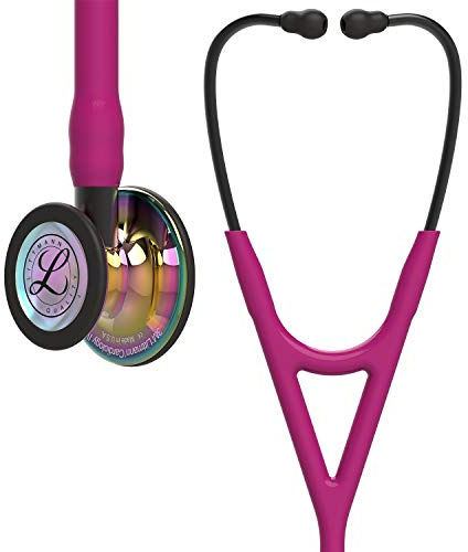 Littmann Cardiology IV Stethoskop, 6241, Schlauch Himbeerrot | Hochglanzpoliertes regenbogenfarbenes Bruststück, rauchfarbener Anschluss und rauchfarbener Ohrbügel. Für Ärzte und Studenten