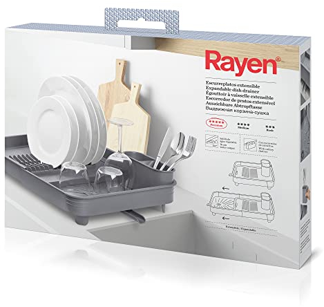 Rayen | Scolapiatti Estensibile | Beccuccio Orientabile | Contenitore Estraibile | Grigio | Misure Esteso: 36x51x9.5 cm | Misure Piegato: 36x32x9.5 cm