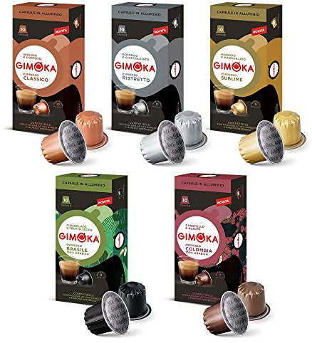 Gimoka assortiment cafè de 5 variétés - 100 Capsules Aluminium - Compatibles avec les machines à café à usage domestique Nespresso* - Produit en Italie (lot de 10 x 10)