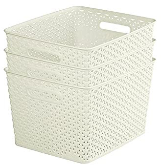 Curver My Style Rattan Effect Set of 3 Kitchen, Living room, Bathroom, Bedroom, Utility Large Rectangular Storage Baskets 18 Litres - White