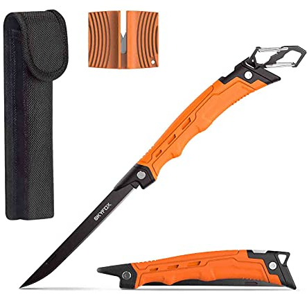 SkyFox Coltello da filetto pieghevole da pesca, coltelli da caccia per sfilettare il pesce e disossare la carne, Sharp G4416 tedesco in antiaderente lama,include affilacoltelli by
