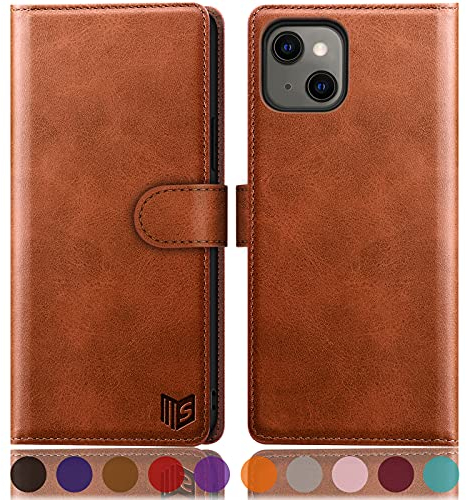 SUANPOT [RFID Schutz für iPhone 13 5G 6,1-Zoll Hülle PU Leder Handyhülle Lederhülle Klapphülle Kartenfach Flip Cover für Apple 13 Handy hülle Leather Wallet Phone Case Hellbraun