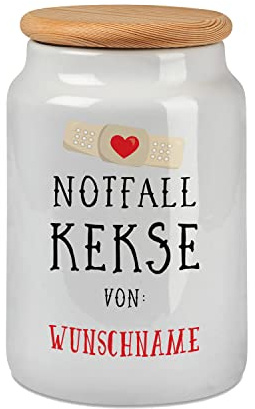 Sunnywall personalisierbare Notfall Keksdose mit Wunschname - Keramik weiss mit Echtholzdeckel 700 ml. Keksdose, Gebäckdose – Geschenkidee (Notfall-Kekse-Herz)