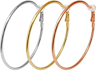 3 Paires De Clips d'Oreilles, Grand Ensemble De Créoles, Boucles d'Oreilles Pour Femmes Non Percées, Boucles d'Oreilles Pour Femmes Hypoallergéniques En Or Rose Et Argent Plaqué Or （4cm）