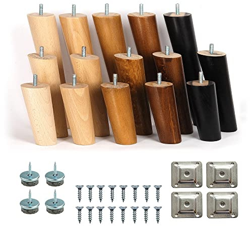 5.5’’ Angled Wooden Cone Tapered Furniture Replacement Legs Feet Walnut Colour Beech Wood M8 Thread Level Mounting Plates Protective Felt Pads Set Of 4 Legs For Sofa Cabinet Footstool Bed Ottoman
