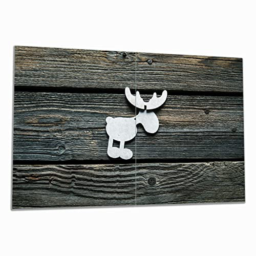 Wallario Herdabdeckplatte/Spritzschutz aus Glas, 2-teilig, 80x52cm, für Ceran- und Induktionsherde, Elch Symbol in weiß, vor dunklem Holz