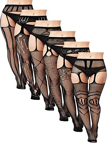 Jadive 6 par kvinnor plus size nätstrumpor svarta lårhöga tights passar XL-XXXXL nätstrumpbyxor strumpeband bälte, Svart, en storlek