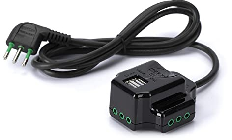 Fanton 41009 - Multipresa volante con 3 uscite spina piccola 10A e 2 prese USB-A 5V 3A colore NERO cavo 1,5 m. 3G0,75 H05VV-F spina italiana 2P+T 10A made in italy