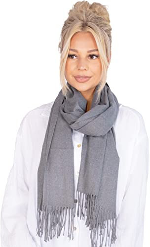 Lolus Leichter und weicher Uni Damen Schal Kaschmirschal im angenehmen Kaschmir Mix mit Fransen (grau, One Size)