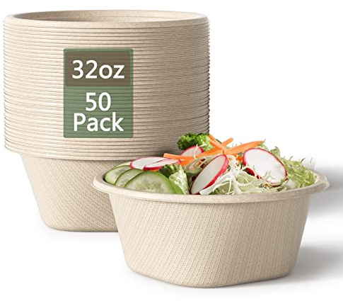 32 Oz Deep Paper Bowls Disposable Bowl - Disposable Heavy Duty Compostable Bowls, Eco-friendly Sugarcane Bagasse Biodegradable Bowl for Soup, Salad, Dessert, Ice Cream [50 Pack without Lds]
