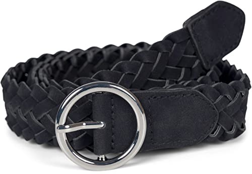 styleBREAKER Damen Flechtgürtel mit runder Schnalle, Kunstleder Einfarbig, Schmaler Hüftgürtel, One Size Gürtel 03010125, Farbe:Schwarz-Silber, Größe:110cm