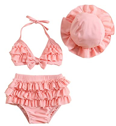 Yccutest Infant Baby Girl Flower Swimsuit 3Pcs Halter Triangle Tops Ruffle Bottoms Sun Hat Bikini Set Bathing Suit Swimwear (S-Pink,6-12 Months)