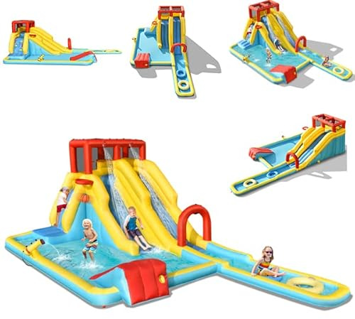 COSTWAY Château Gonflable 8 en 1 avec 3 Toboggans Aquatique, Aire de Jeux Gonflable avec Mur d’Escalade et Piscine, Pistolet à Eau, Anneaux de Natation pour 3 Enfants de 3-10 Ans,sans Souffleur